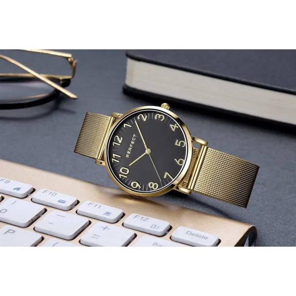 Perfect F342-06 női karóra, arany fémszíj, fekete számlap, 36 mm, WR30
