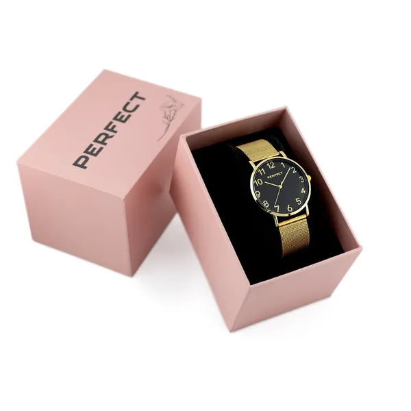 Perfect F342-06 női karóra, arany fémszíj, fekete számlap, 36 mm, WR30