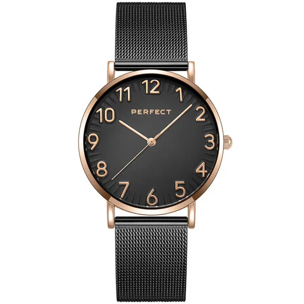 Perfect női karóra, fekete számlap, rózsaarany tok 36 mm, fém szíj, kvarc