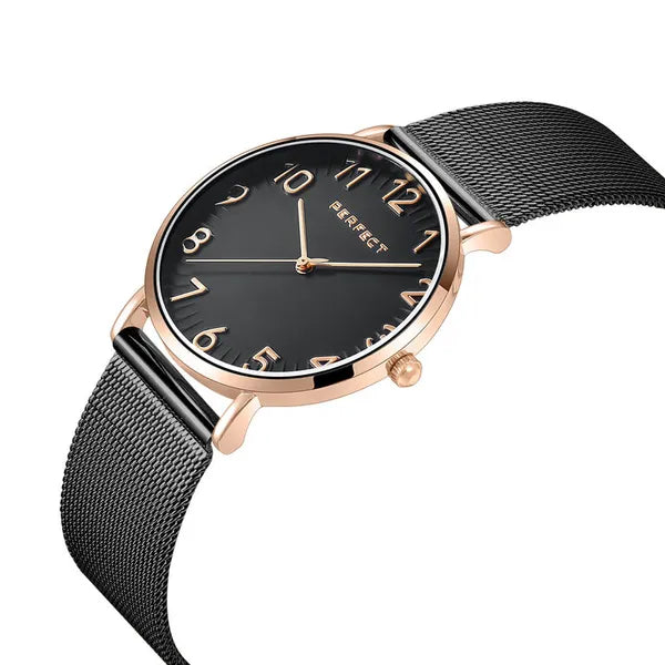 Perfect női karóra, fekete számlap, rózsaarany tok 36 mm, fém szíj, kvarc