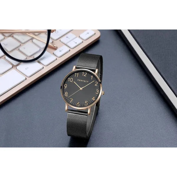 Perfect női karóra, fekete számlap, rózsaarany tok 36 mm, fém szíj, kvarc