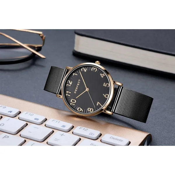 Perfect női karóra, fekete számlap, rózsaarany tok 36 mm, fém szíj, kvarc