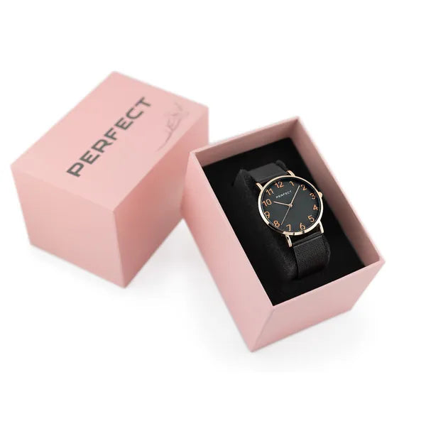 Perfect női karóra, fekete számlap, rózsaarany tok 36 mm, fém szíj, kvarc