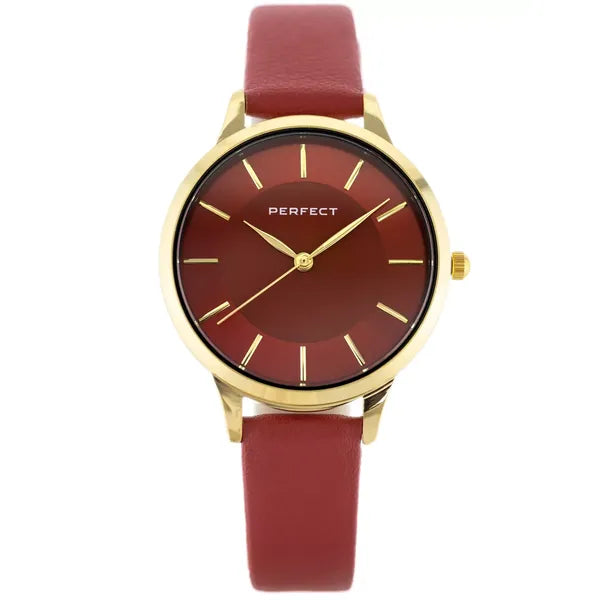 Perfect női karóra, Miyota kvarc, vörös számlap, bőr szíj, arany tok, 34 mm
