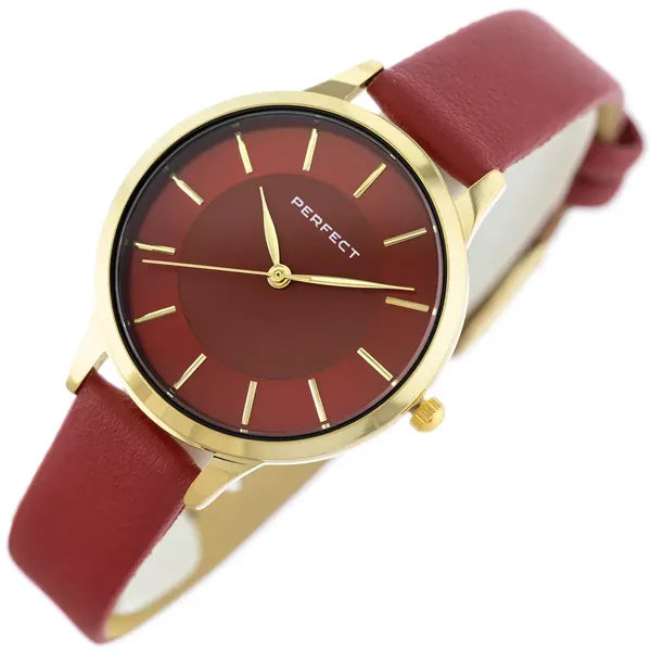 Perfect női karóra, Miyota kvarc, vörös számlap, bőr szíj, arany tok, 34 mm
