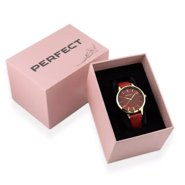 Perfect női karóra, Miyota kvarc, vörös számlap, bőr szíj, arany tok, 34 mm