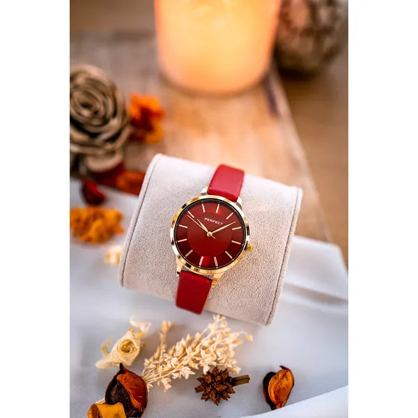 Perfect női karóra, Miyota kvarc, vörös számlap, bőr szíj, arany tok, 34 mm