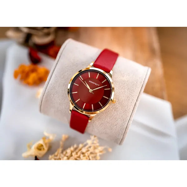 Perfect női karóra, Miyota kvarc, vörös számlap, bőr szíj, arany tok, 34 mm