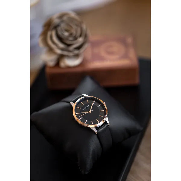 Perfect E359-08 női karóra, kvarc, 34 mm, bőr szíj, fekete számlap + doboz