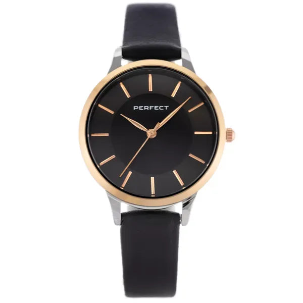 Perfect E359-08 női karóra, kvarc, 34 mm, bőr szíj, fekete számlap + doboz