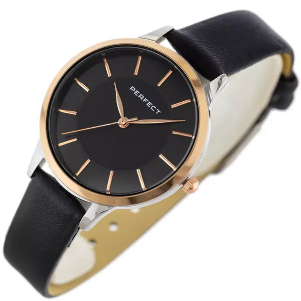 Perfect E359-08 női karóra, kvarc, 34 mm, bőr szíj, fekete számlap + doboz