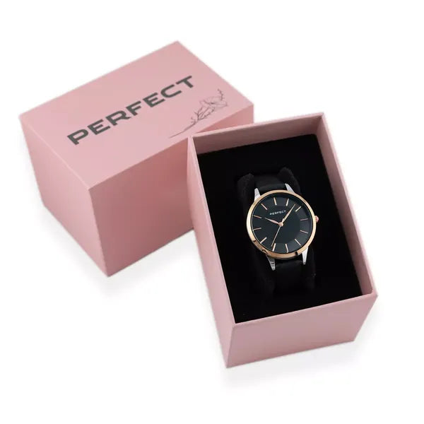 Perfect E359-08 női karóra, kvarc, 34 mm, bőr szíj, fekete számlap + doboz