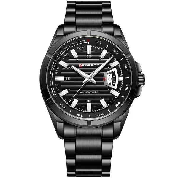 Perfect férfi kvarc karóra, 45 mm, fekete, fém szíj, dátum, WR30, díszdoboz