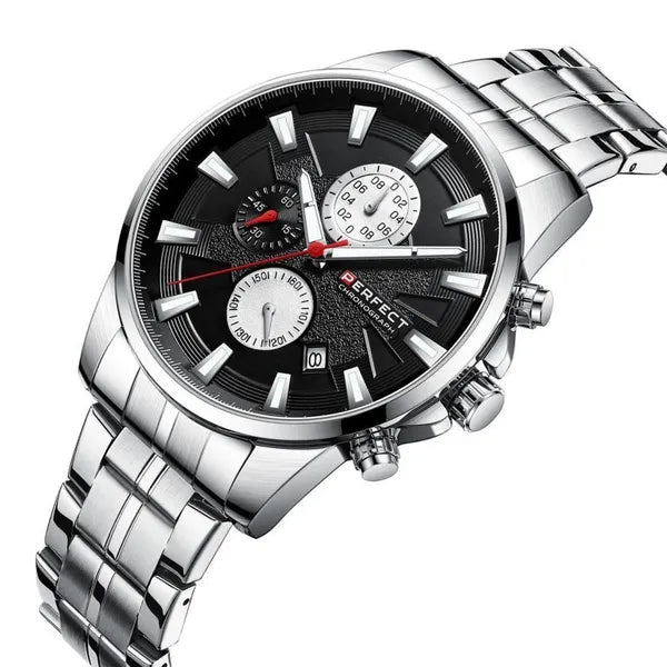 Perfect M503CH férfi kronográf karóra, 47 mm, fekete számlap ezüst fémszíj