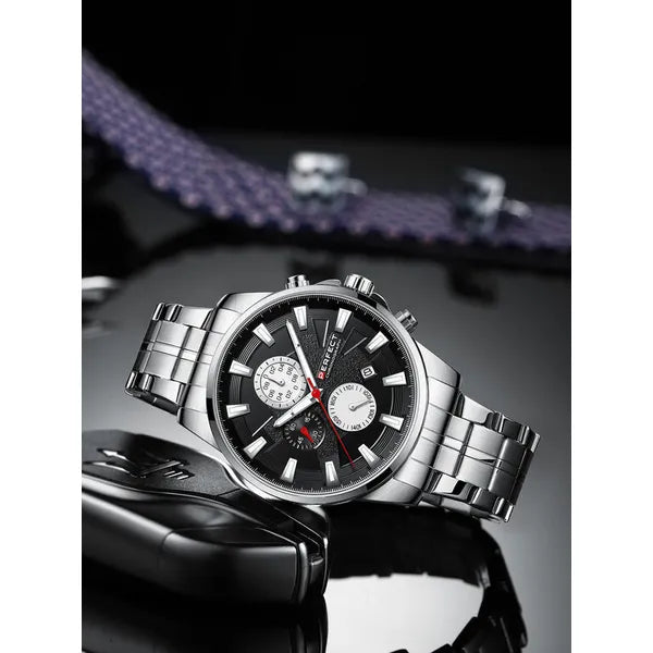 Perfect M503CH férfi kronográf karóra, 47 mm, fekete számlap ezüst fémszíj
