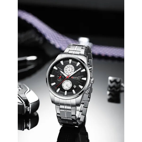 Perfect M503CH férfi kronográf karóra, 47 mm, fekete számlap ezüst fémszíj