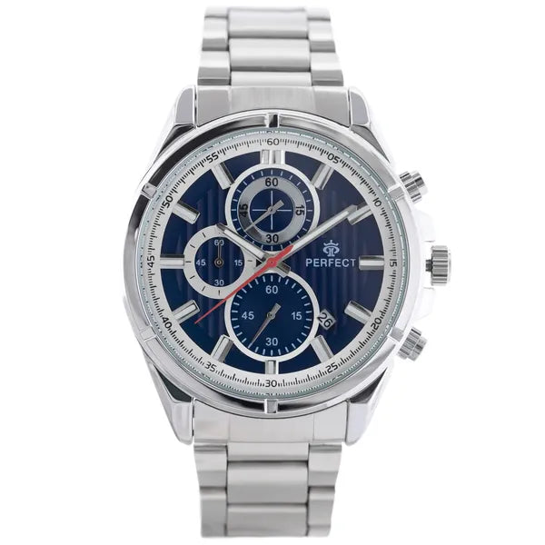 Perfect CH03M férfi kvarc kronográf óra, 44 mm, fém szíj, kék számlap