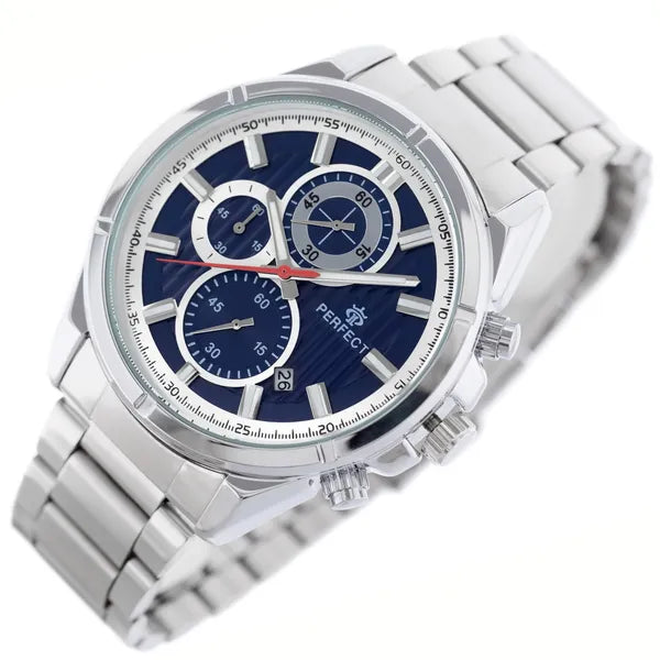Perfect CH03M férfi kvarc kronográf óra, 44 mm, fém szíj, kék számlap