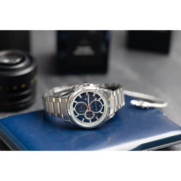Perfect CH03M férfi kvarc kronográf óra, 44 mm, fém szíj, kék számlap