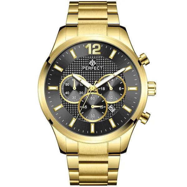 Perfect férfi karóra, kronográf, kvarc, 44 mm, fekete számlap, arany szíj, WR30