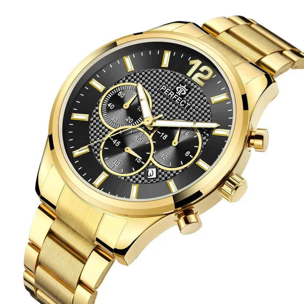 Perfect férfi karóra, kronográf, kvarc, 44 mm, fekete számlap, arany szíj, WR30