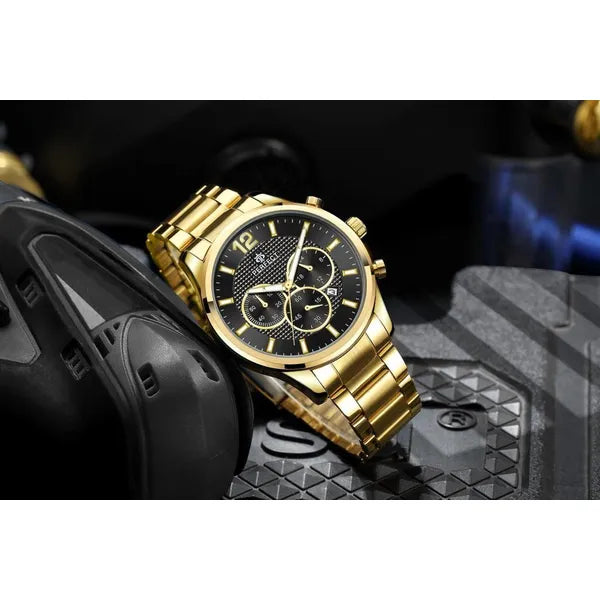 Perfect férfi karóra, kronográf, kvarc, 44 mm, fekete számlap, arany szíj, WR30
