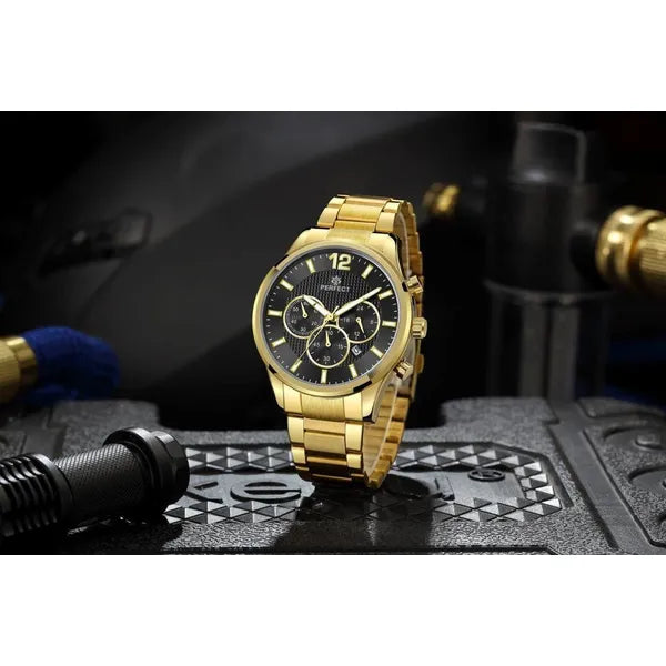 Perfect férfi karóra, kronográf, kvarc, 44 mm, fekete számlap, arany szíj, WR30