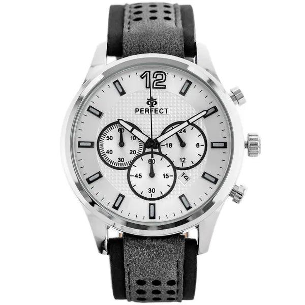 Perfect CH01L férfi kvarc kronográf karóra, 44 mm, bőrszíj, ezüst számlap