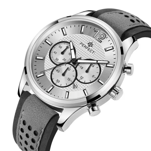 Perfect CH01L férfi kvarc kronográf karóra, 44 mm, bőrszíj, ezüst számlap