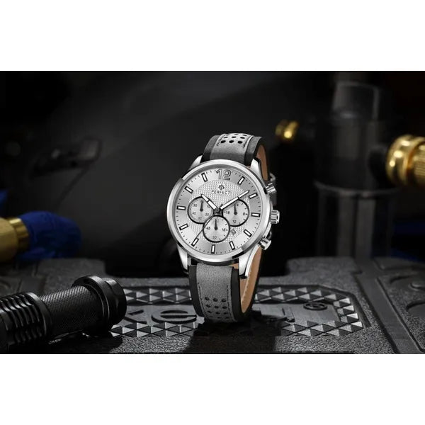 Perfect CH01L férfi kvarc kronográf karóra, 44 mm, bőrszíj, ezüst számlap