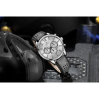 Perfect CH01L férfi kvarc kronográf karóra, 44 mm, bőrszíj, ezüst számlap