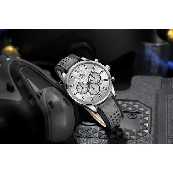 Perfect CH01L férfi kvarc kronográf karóra, 44 mm, bőrszíj, ezüst számlap