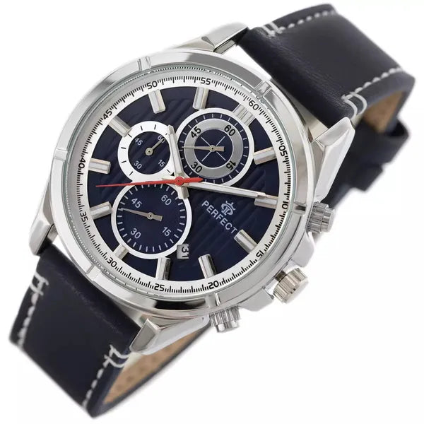 Férfi kronográf karóra Perfect CH03L, kék számlap, bőr szíj, 44 mm