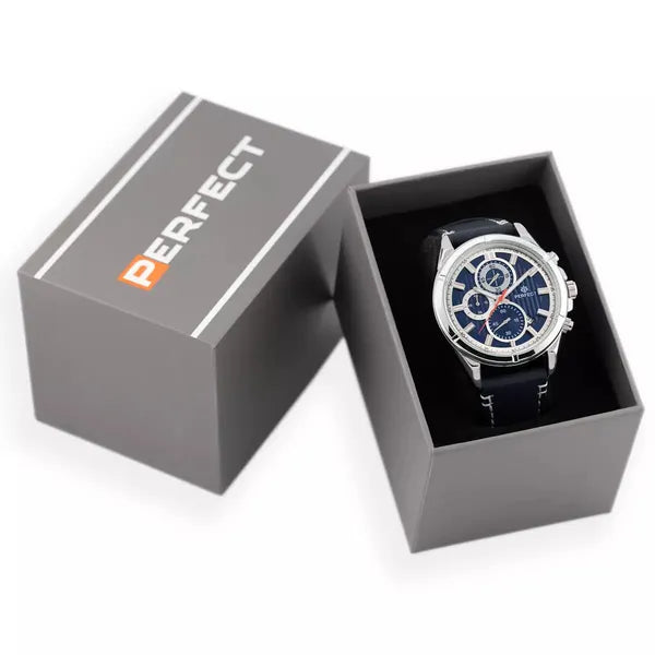 Férfi kronográf karóra Perfect CH03L, kék számlap, bőr szíj, 44 mm