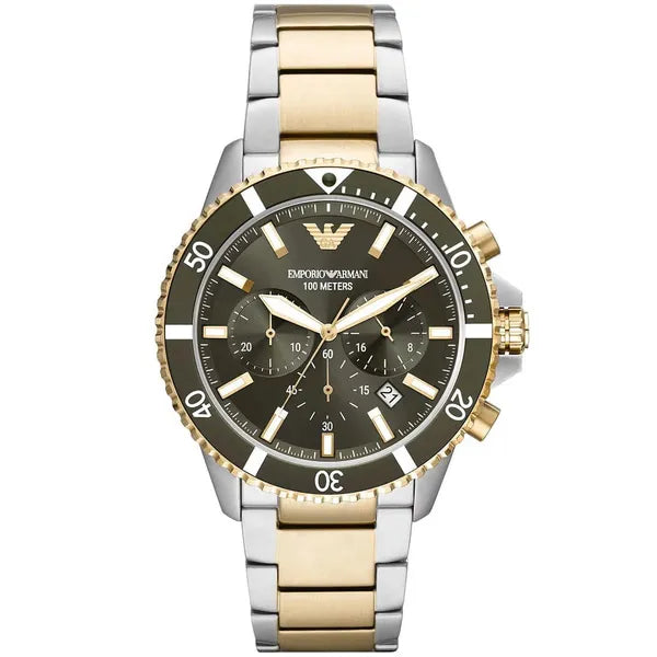 Emporio Armani AR11361 férfi búvár kronográf óra, 43 mm, WR100, két színű acél