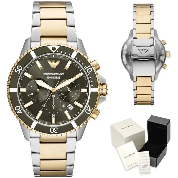Emporio Armani AR11361 férfi búvár kronográf óra, 43 mm, WR100, két színű acél