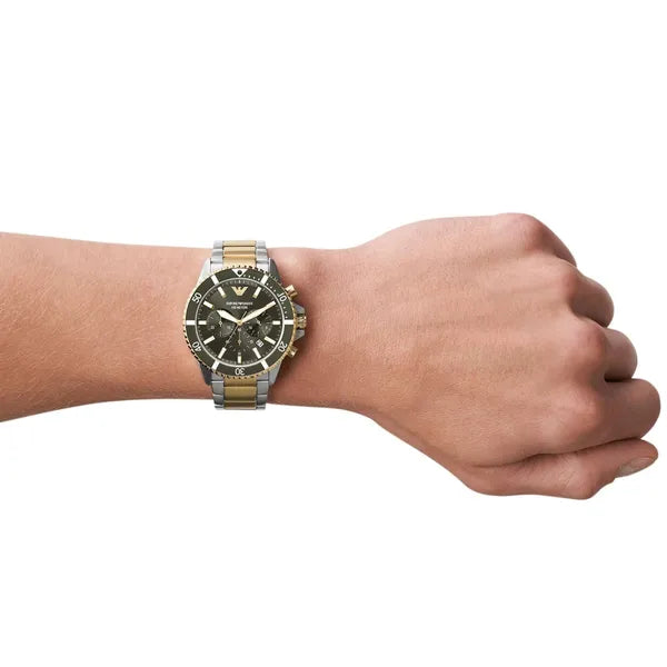 Emporio Armani AR11361 férfi búvár kronográf óra, 43 mm, WR100, két színű acél