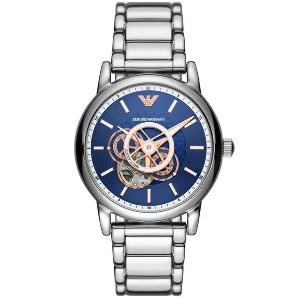 Emporio Armani Luigi férfi automata óra, nyitott számlap, acél, kék AR60036