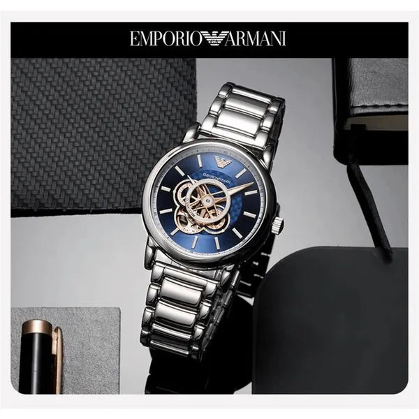 Emporio Armani Luigi férfi automata óra, nyitott számlap, acél, kék AR60036
