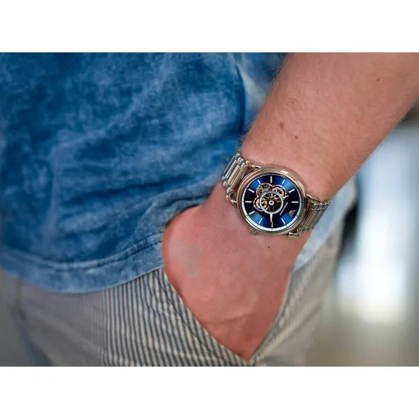 Emporio Armani Luigi férfi automata óra, nyitott számlap, acél, kék AR60036