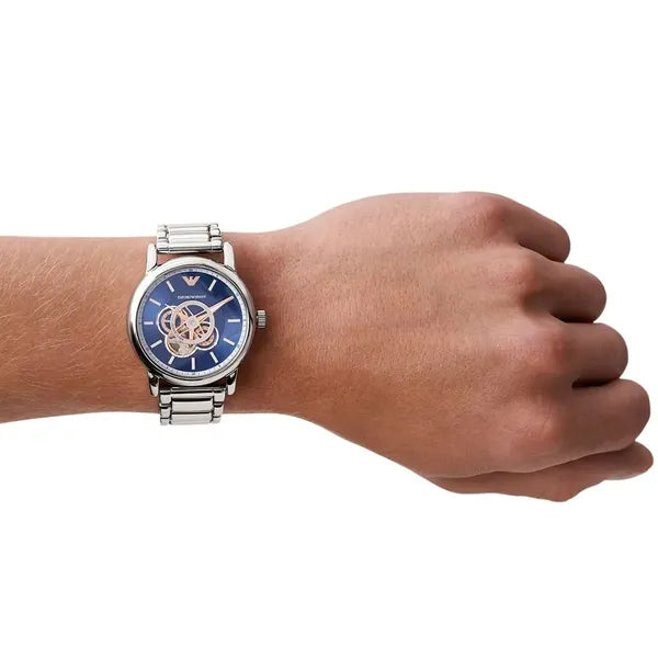Emporio Armani Luigi férfi automata óra, nyitott számlap, acél, kék AR60036