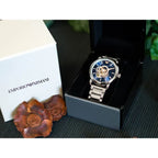 Emporio Armani Luigi férfi automata óra, nyitott számlap, acél, kék AR60036