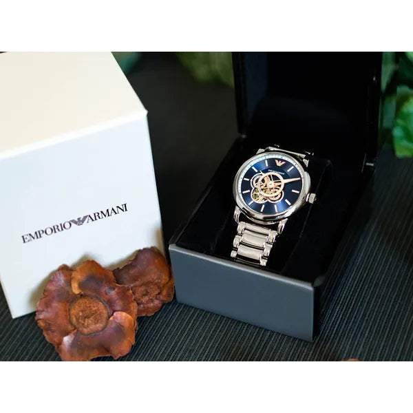 Emporio Armani Luigi férfi automata óra, nyitott számlap, acél, kék AR60036