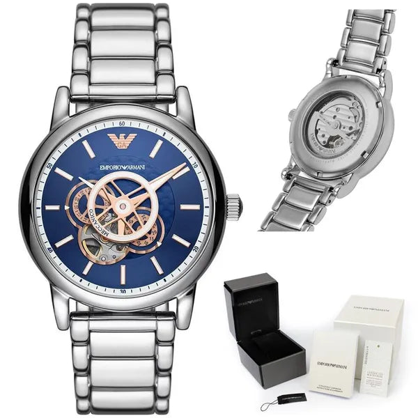 Emporio Armani Luigi férfi automata óra, nyitott számlap, acél, kék AR60036