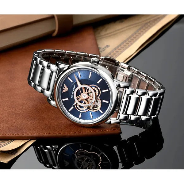 Emporio Armani Luigi férfi automata óra, nyitott számlap, acél, kék AR60036