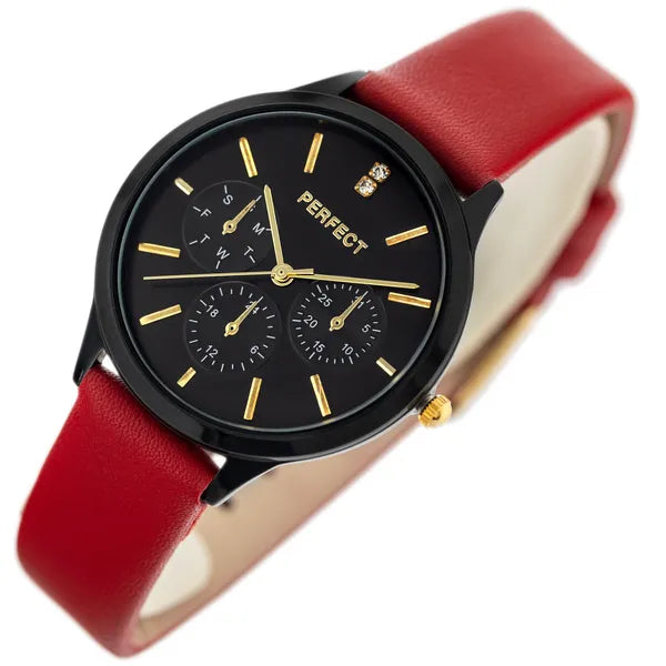 Női karóra Perfect E372-07, kvarc, 36 mm, fekete számlap, piros bőrszíj