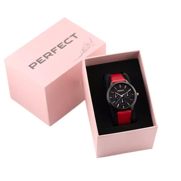 Női karóra Perfect E372-07, kvarc, 36 mm, fekete számlap, piros bőrszíj