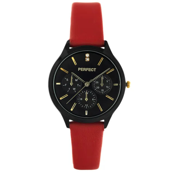 Női karóra Perfect E372-07, kvarc, 36 mm, fekete számlap, piros bőrszíj