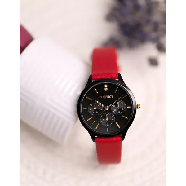 Női karóra Perfect E372-07, kvarc, 36 mm, fekete számlap, piros bőrszíj