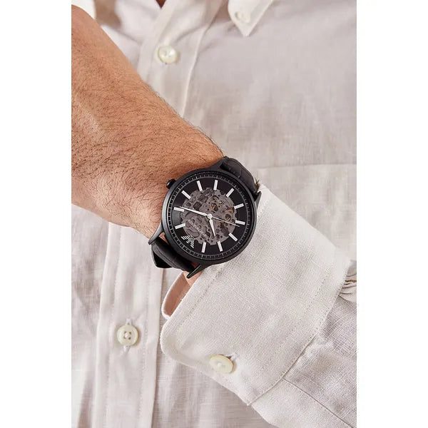 Emporio Armani AR60042 férfi automata csontvázas karóra, fekete bőrszíj, 43 mm